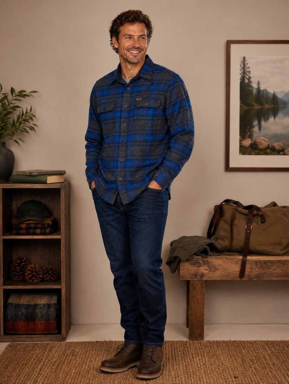 ORVIS Big Bear Heavyweight Double Brushed Flannel Button Down Shirt Blue Plaid